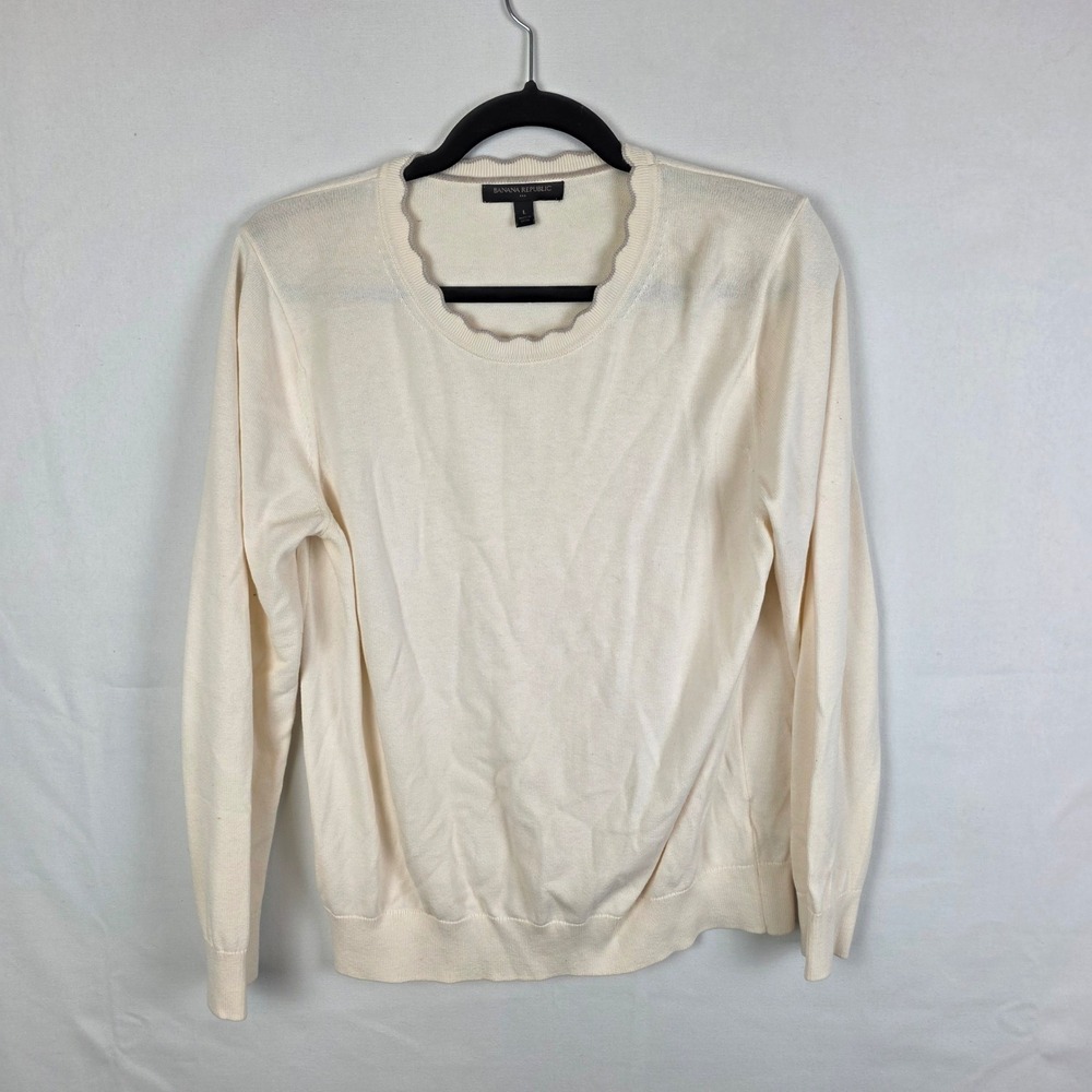Banana Republic Womens Cream Scalloped Neck Cotton Rayon Knit Sweater Large